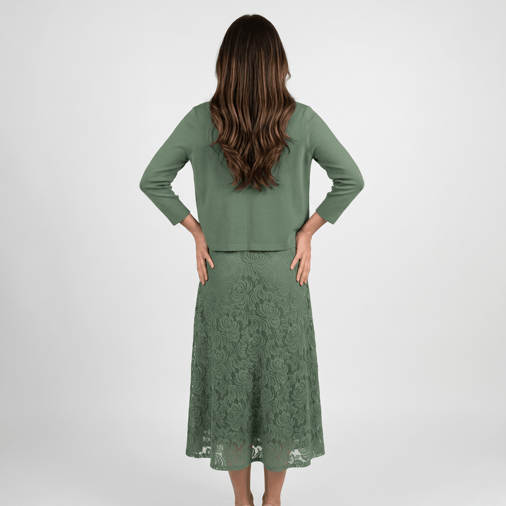 Delia Lace Midi Dress Set – Crew Neck Long-Sleeve Cardigan Layered