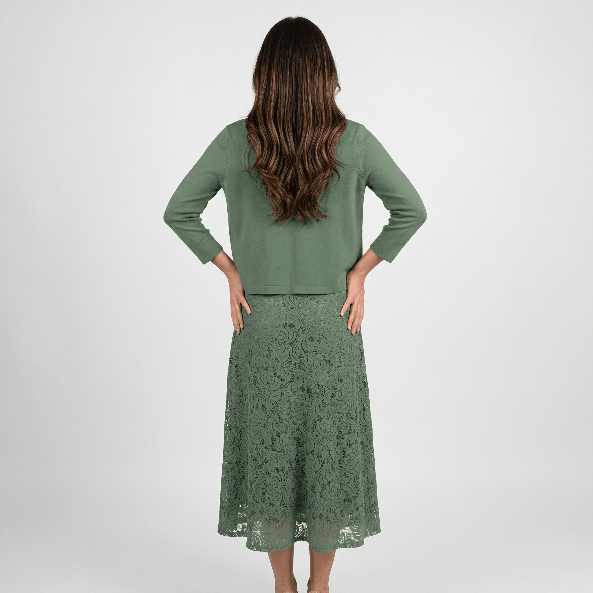 Delia Lace Midi Dress Set – Crew Neck Long-Sleeve Cardigan Layered