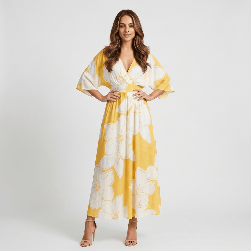 Emilia Floral Print Maxi Dress – Wrap V-Neck Kimono Sleeve Elastic Waist Flowy