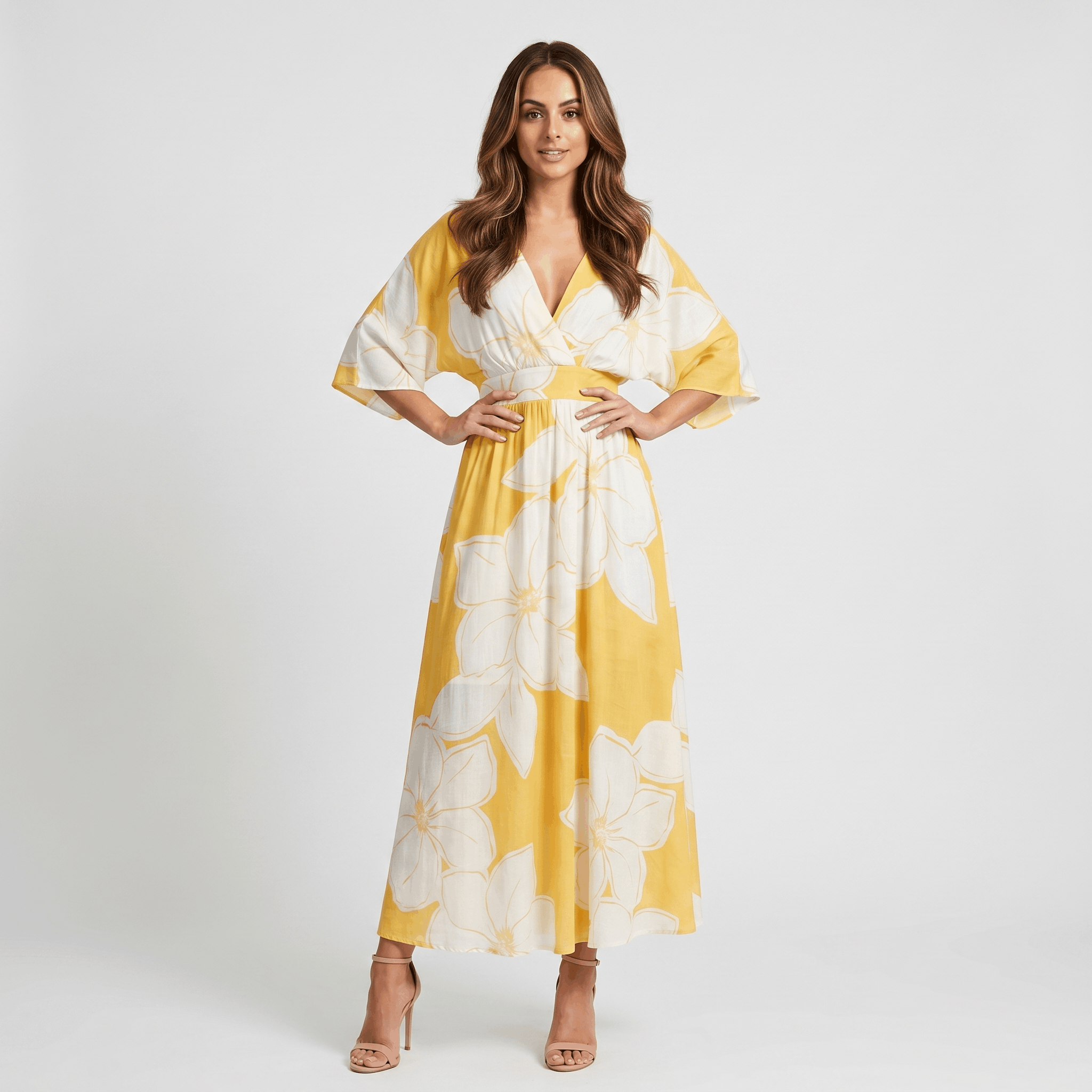Emilia Floral Print Maxi Dress – Wrap V-Neck Kimono Sleeve Elastic Waist Flowy