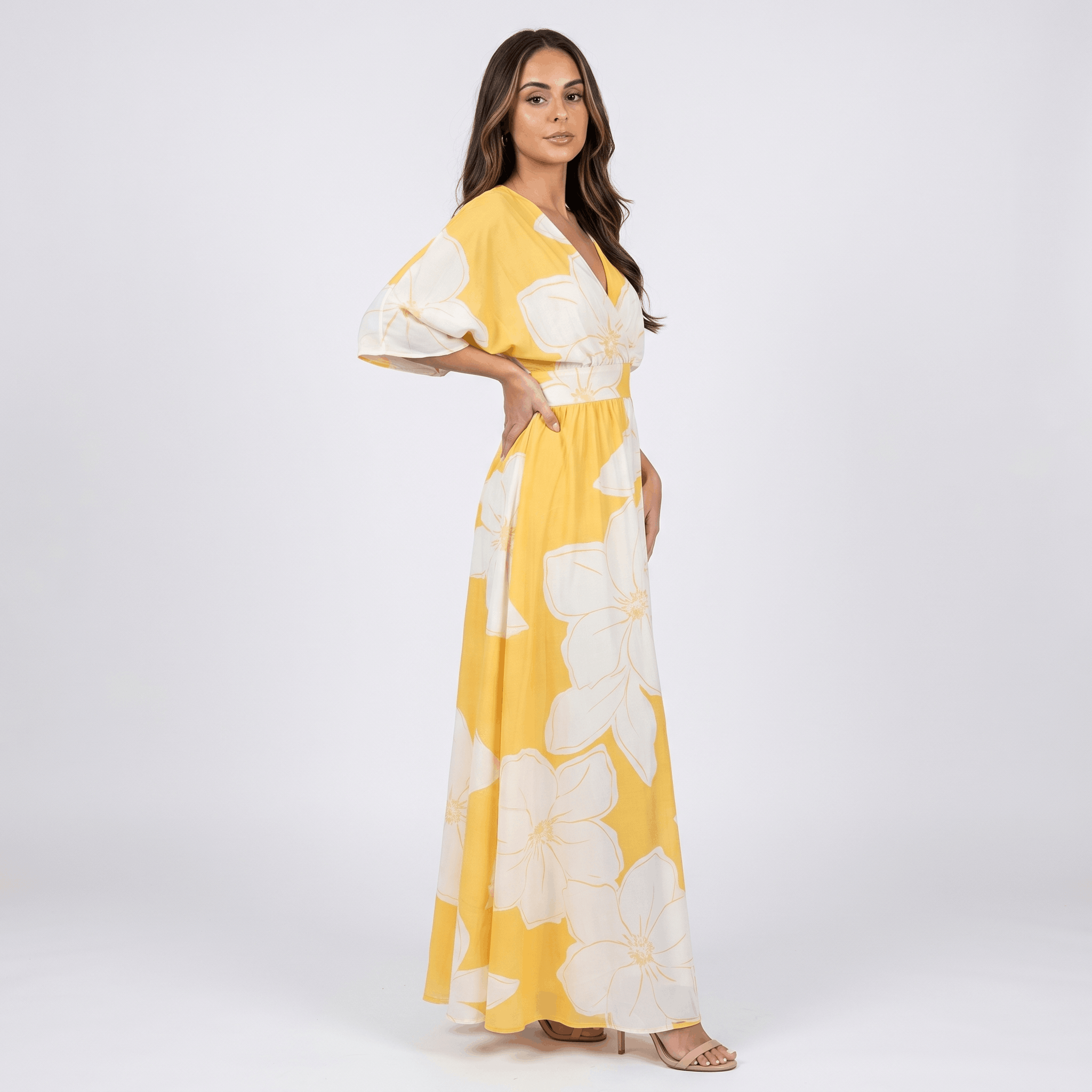Emilia Floral Print Maxi Dress – Wrap V-Neck Kimono Sleeve Elastic Waist Flowy