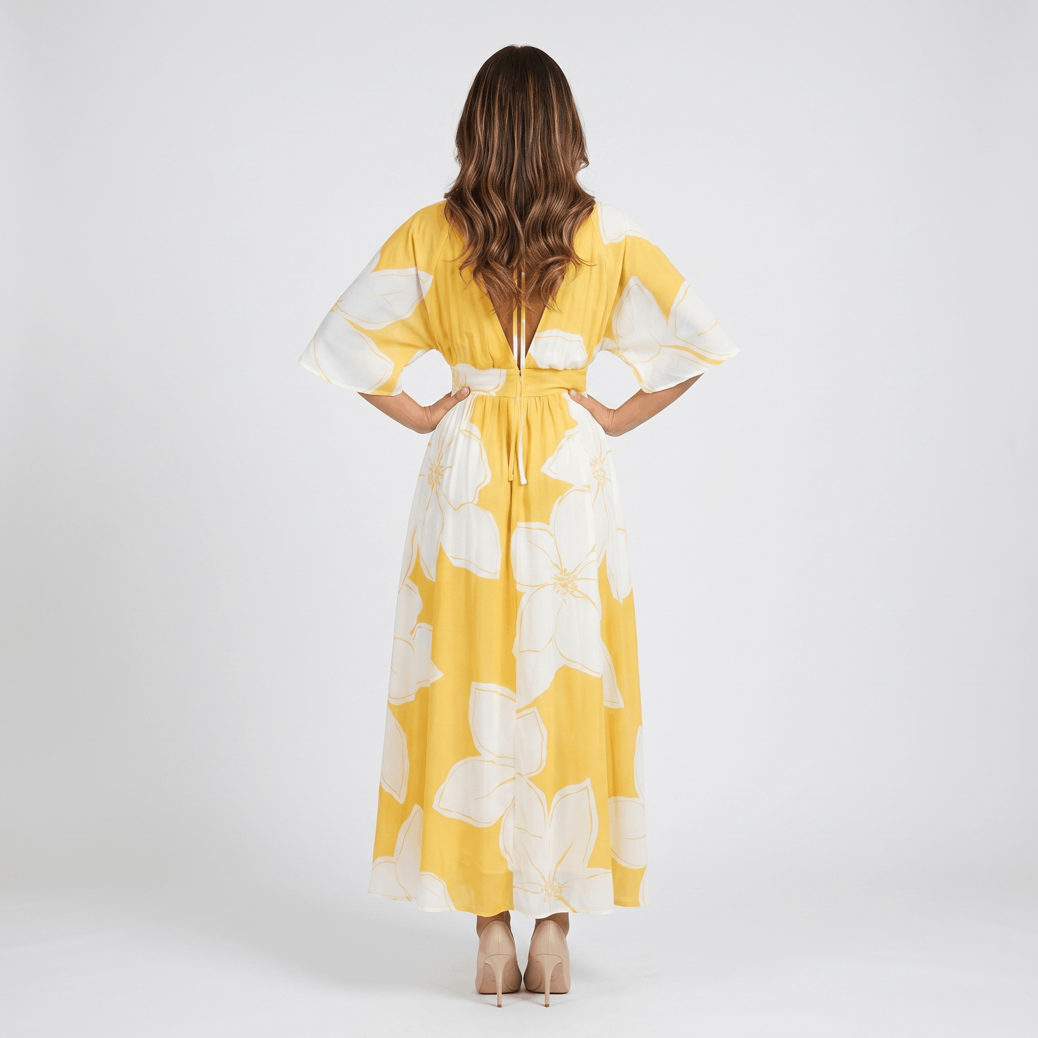 Emilia Floral Print Maxi Dress – Wrap V-Neck Kimono Sleeve Elastic Waist Flowy