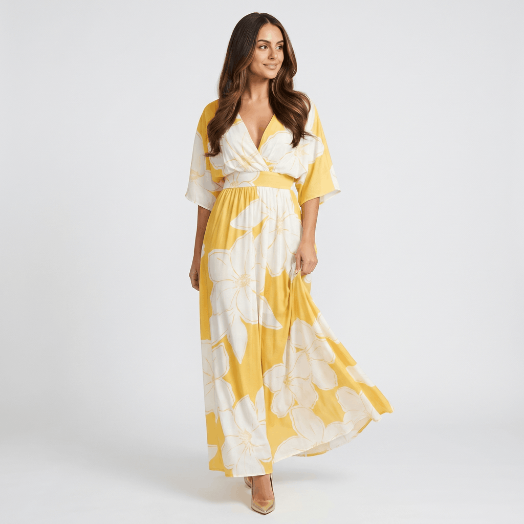Emilia Floral Print Maxi Dress – Wrap V-Neck Kimono Sleeve Elastic Waist Flowy