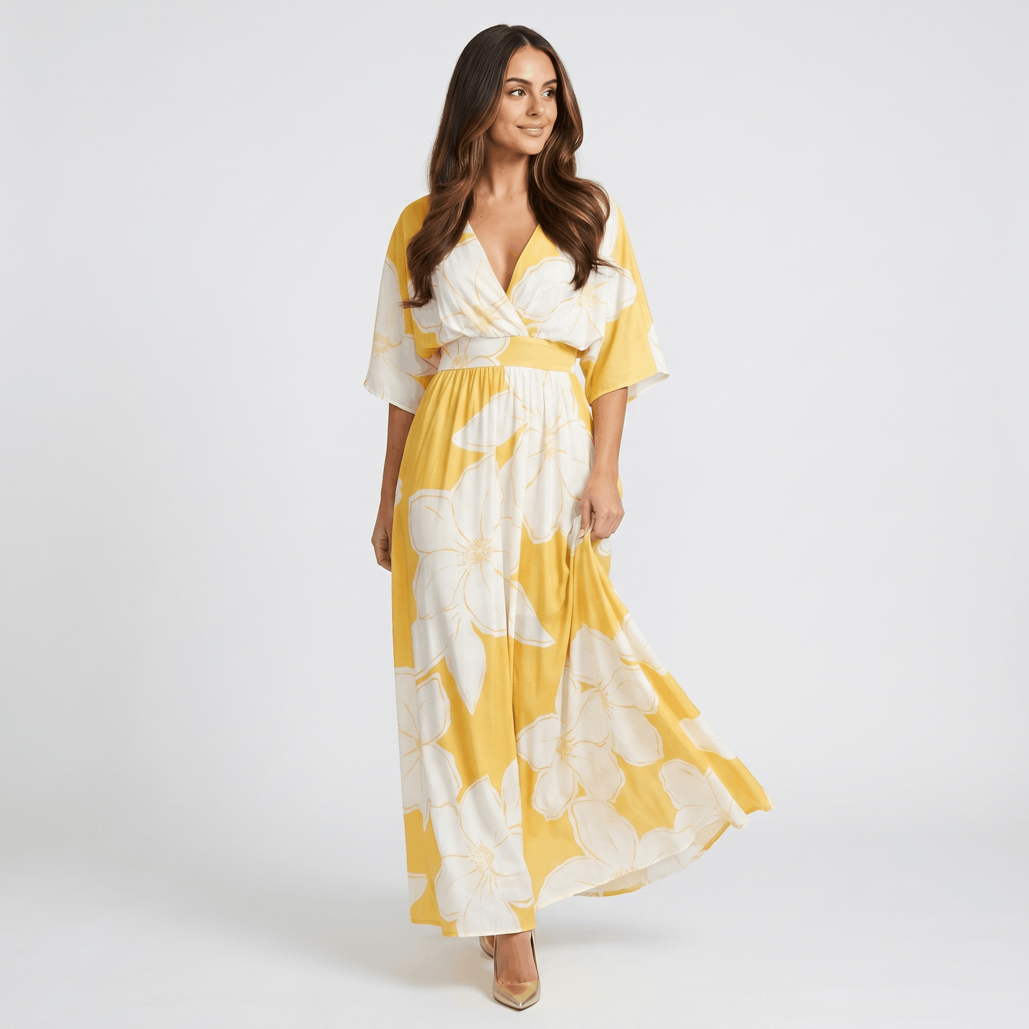 Emilia Floral Print Maxi Dress – Wrap V-Neck Kimono Sleeve Elastic Waist Flowy