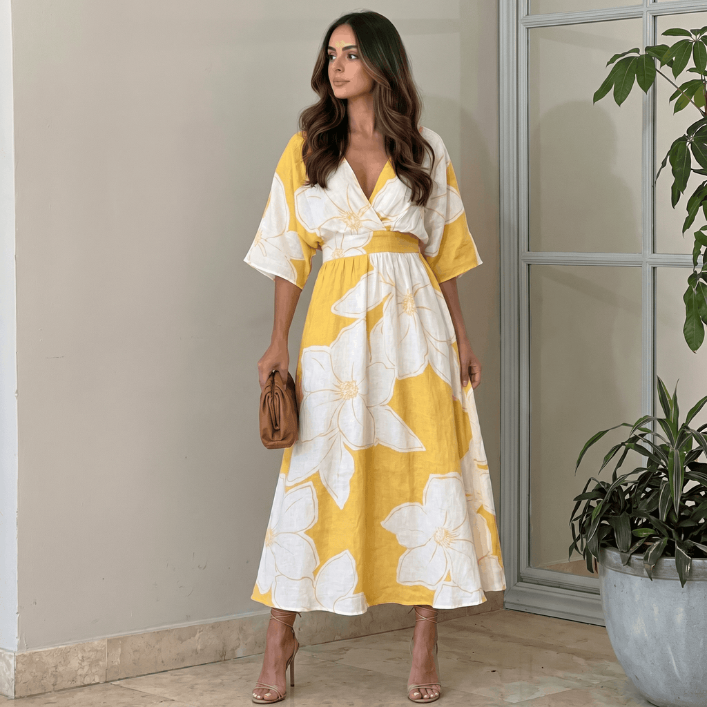 Emilia Floral Print Maxi Dress – Wrap V-Neck Kimono Sleeve Elastic Waist Flowy