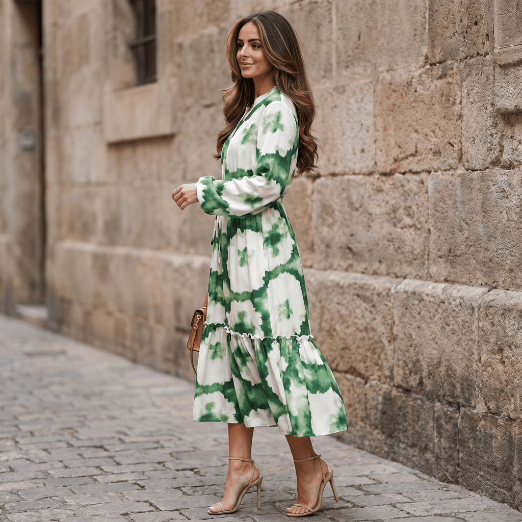 Donatella Tie-Dye Print Maxi Dress – V-Neck Drawstring Waist Tiered Hem Flowing Silhoutte