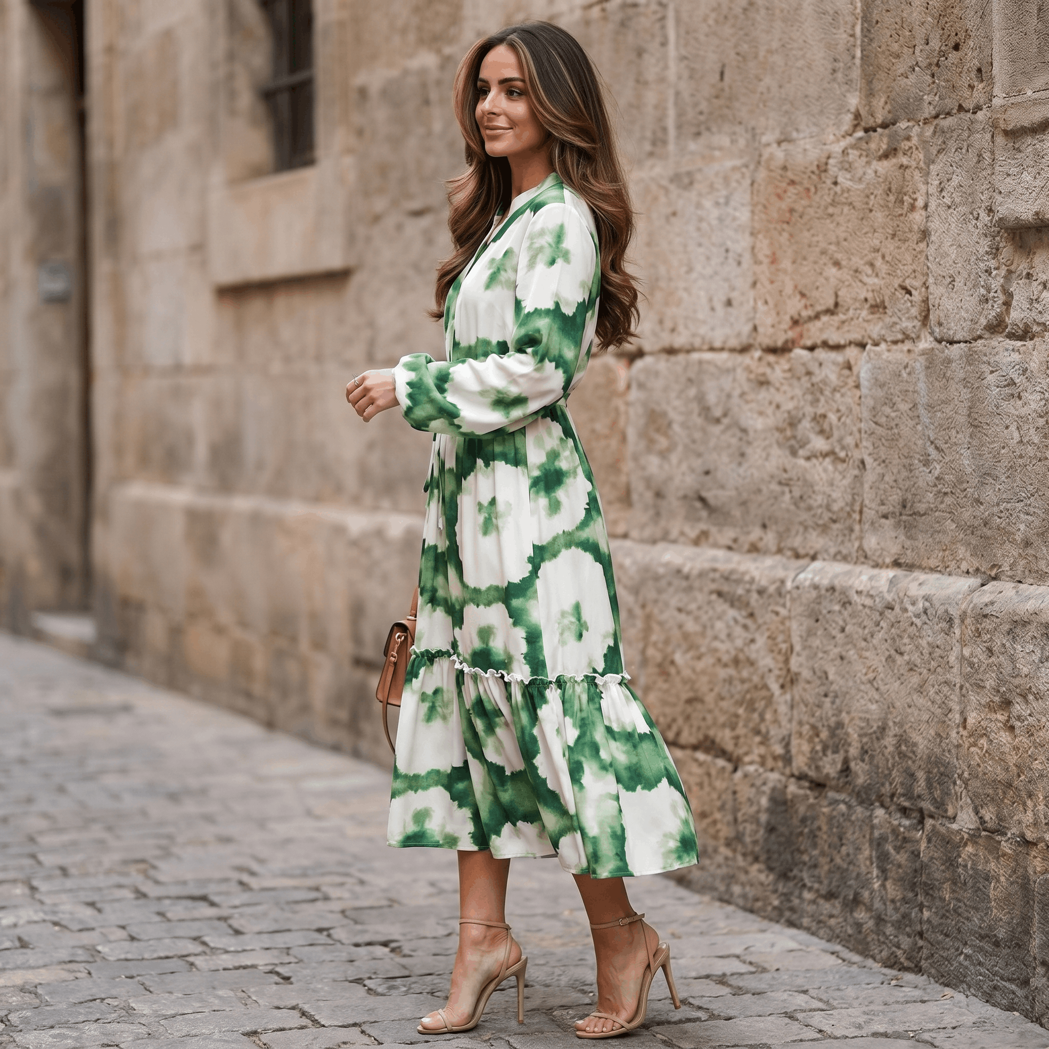 Donatella Tie-Dye Print Maxi Dress – V-Neck Drawstring Waist Tiered Hem Flowing Silhoutte