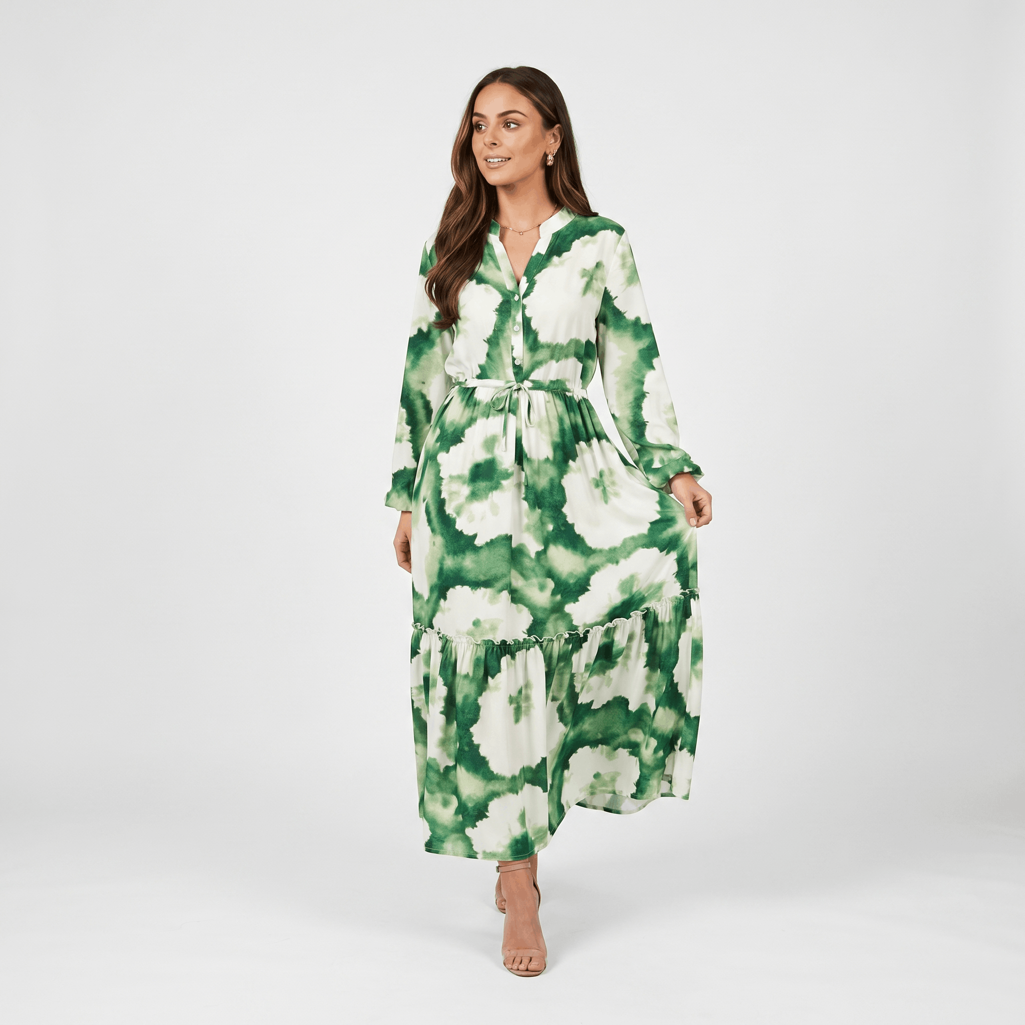 Donatella Tie-Dye Print Maxi Dress – V-Neck Drawstring Waist Tiered Hem Flowing Silhoutte