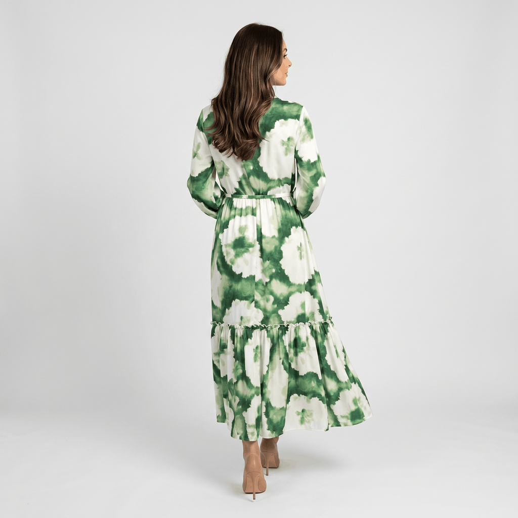 Donatella Tie-Dye Print Maxi Dress – V-Neck Drawstring Waist Tiered Hem Flowing Silhoutte