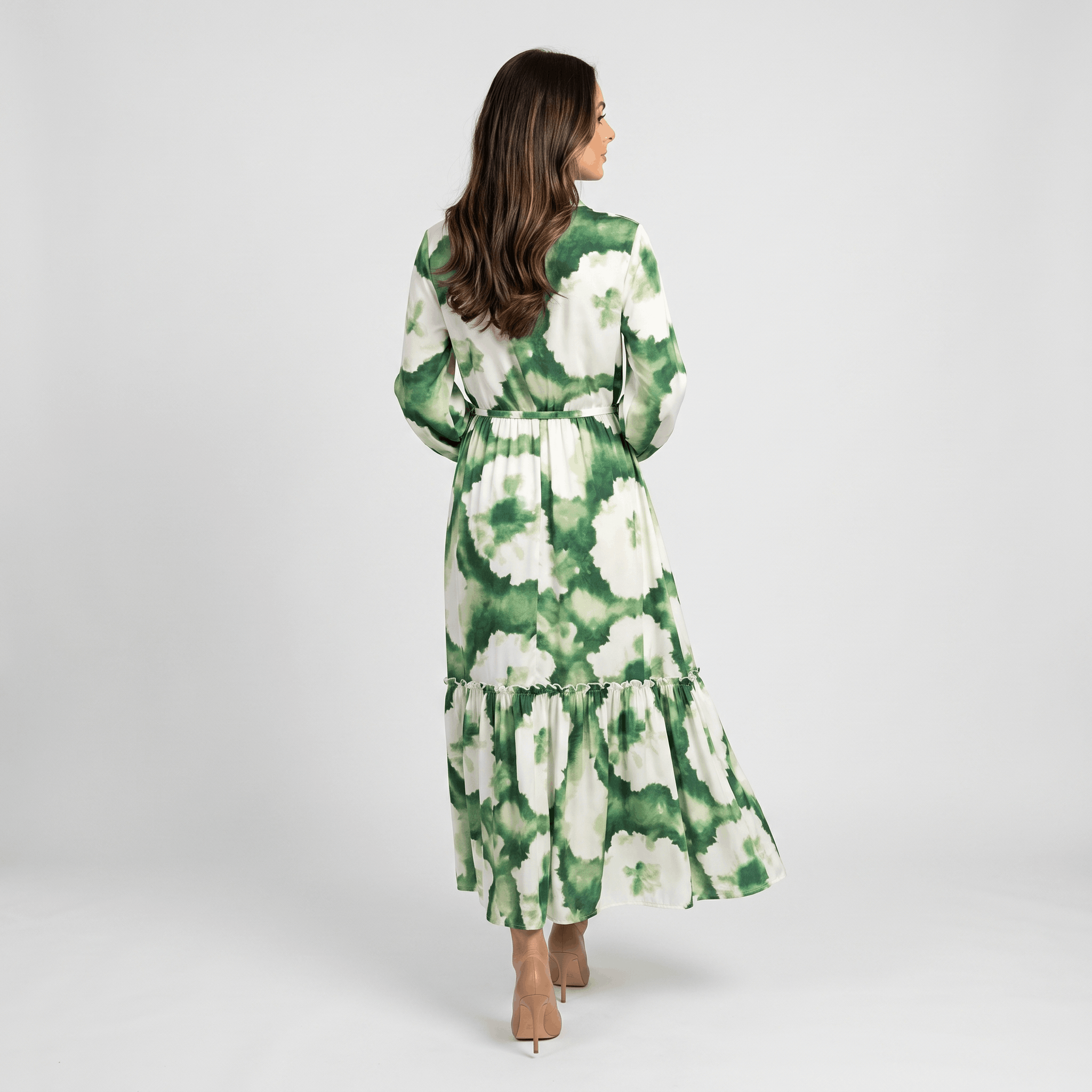 Donatella Tie-Dye Print Maxi Dress – V-Neck Drawstring Waist Tiered Hem Flowing Silhoutte