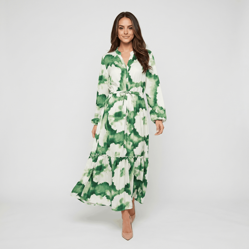 Donatella Tie-Dye Print Maxi Dress – V-Neck Drawstring Waist Tiered Hem Flowing Silhoutte