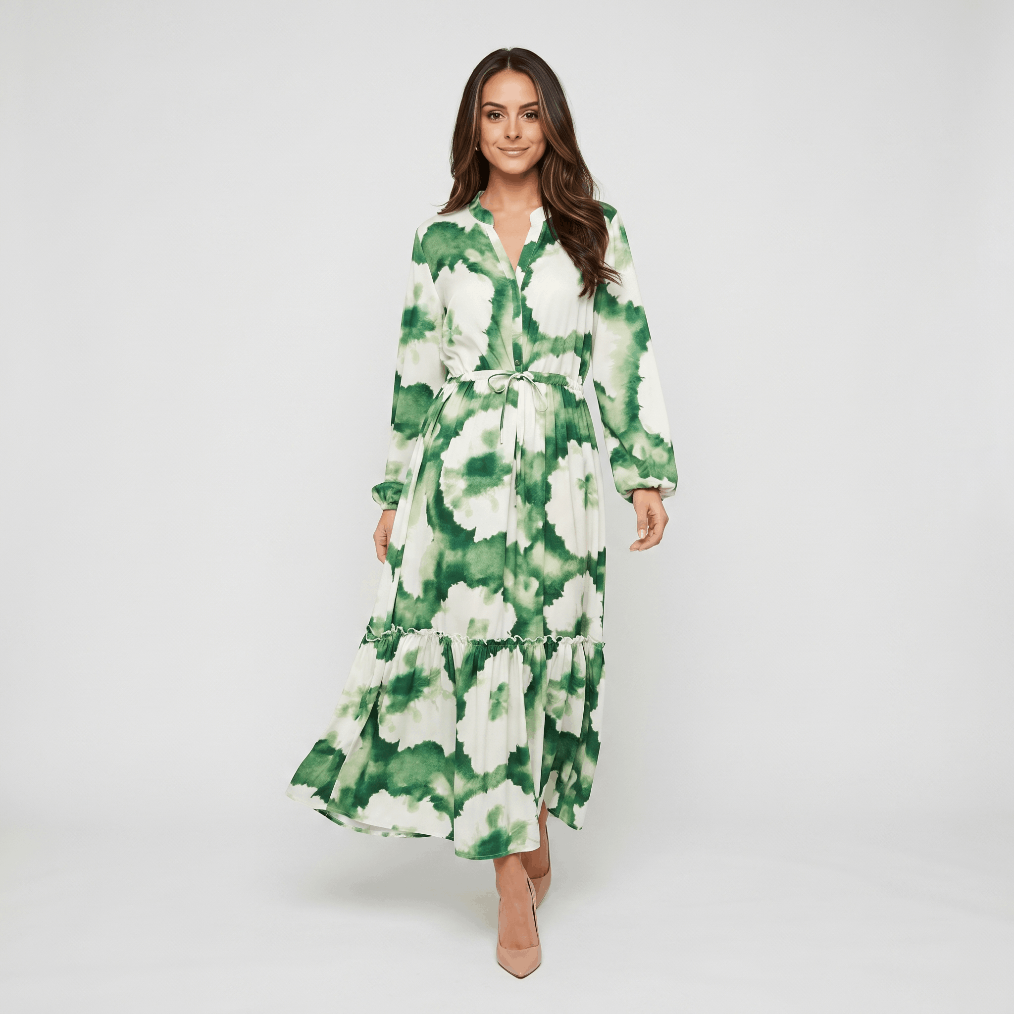 Donatella Tie-Dye Print Maxi Dress – V-Neck Drawstring Waist Tiered Hem Flowing Silhoutte