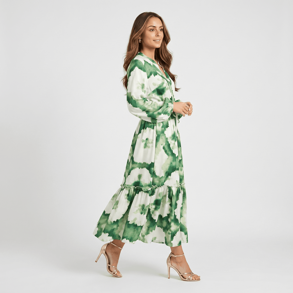 Donatella Tie-Dye Print Maxi Dress – V-Neck Drawstring Waist Tiered Hem Flowing Silhoutte
