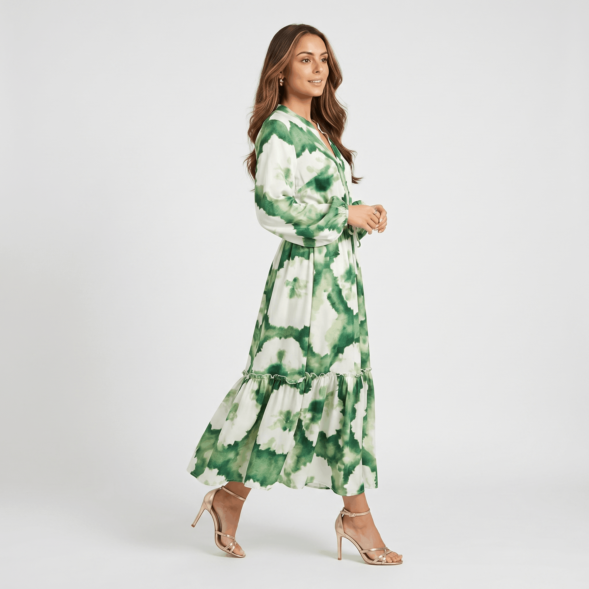Donatella Tie-Dye Print Maxi Dress – V-Neck Drawstring Waist Tiered Hem Flowing Silhoutte