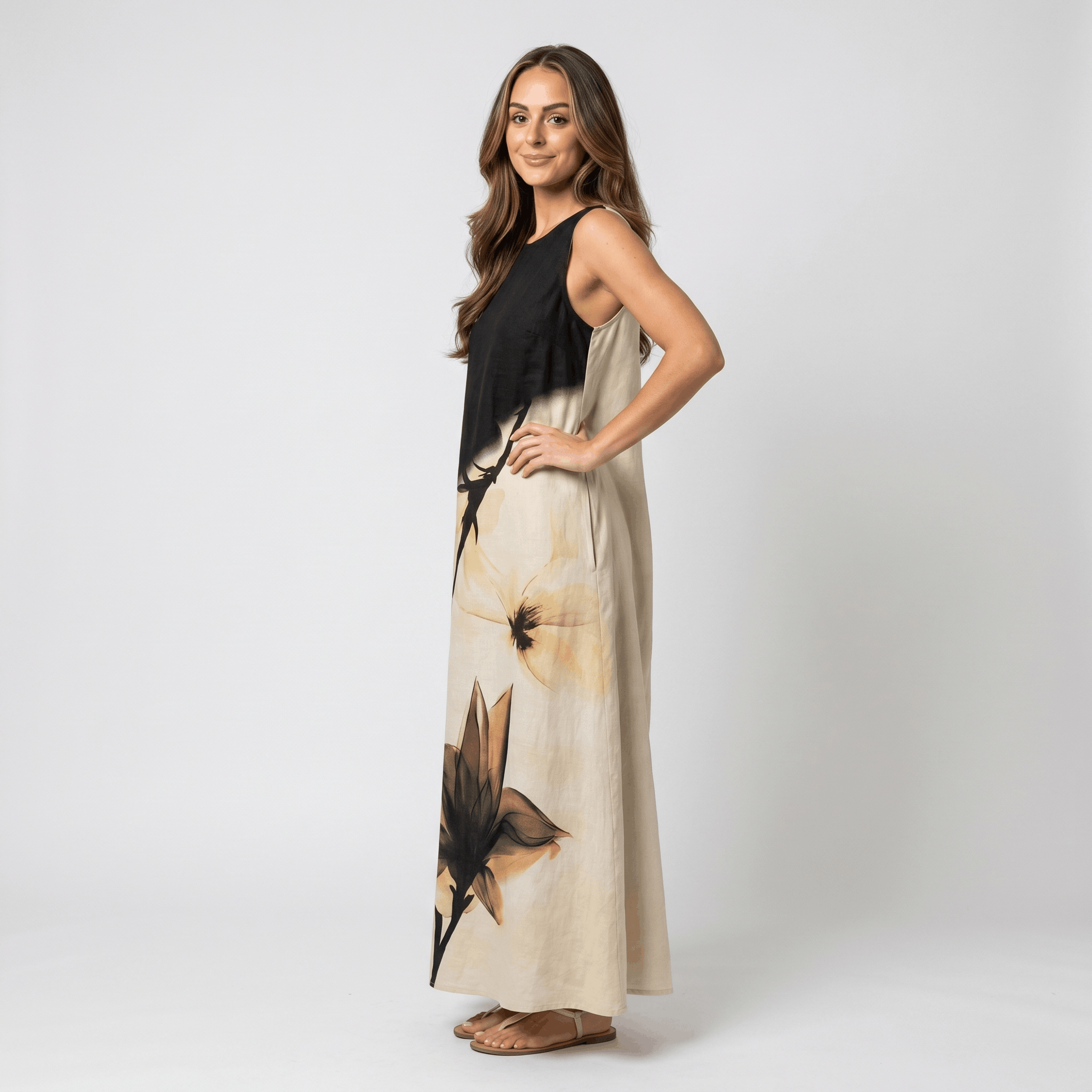 Heidi Cotton Liner Blend Maxi Dress – Split V-Neck Sleeveless Relaxed Summer Silhouette