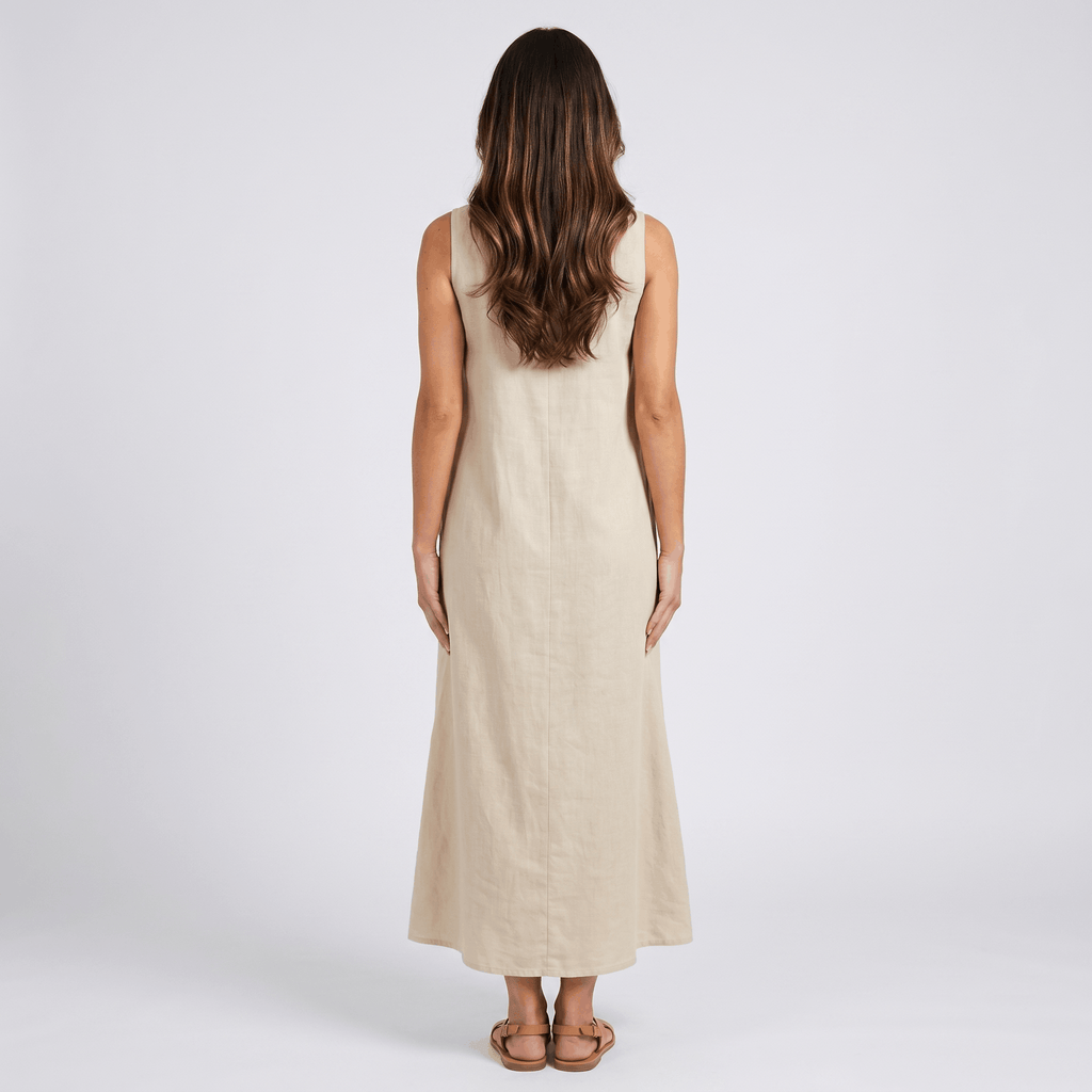 Heidi Cotton Liner Blend Maxi Dress – Split V-Neck Sleeveless Relaxed Summer Silhouette