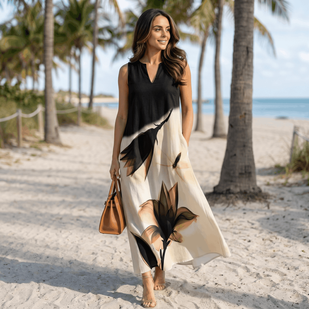 Heidi Cotton Liner Blend Maxi Dress – Split V-Neck Sleeveless Relaxed Summer Silhouette