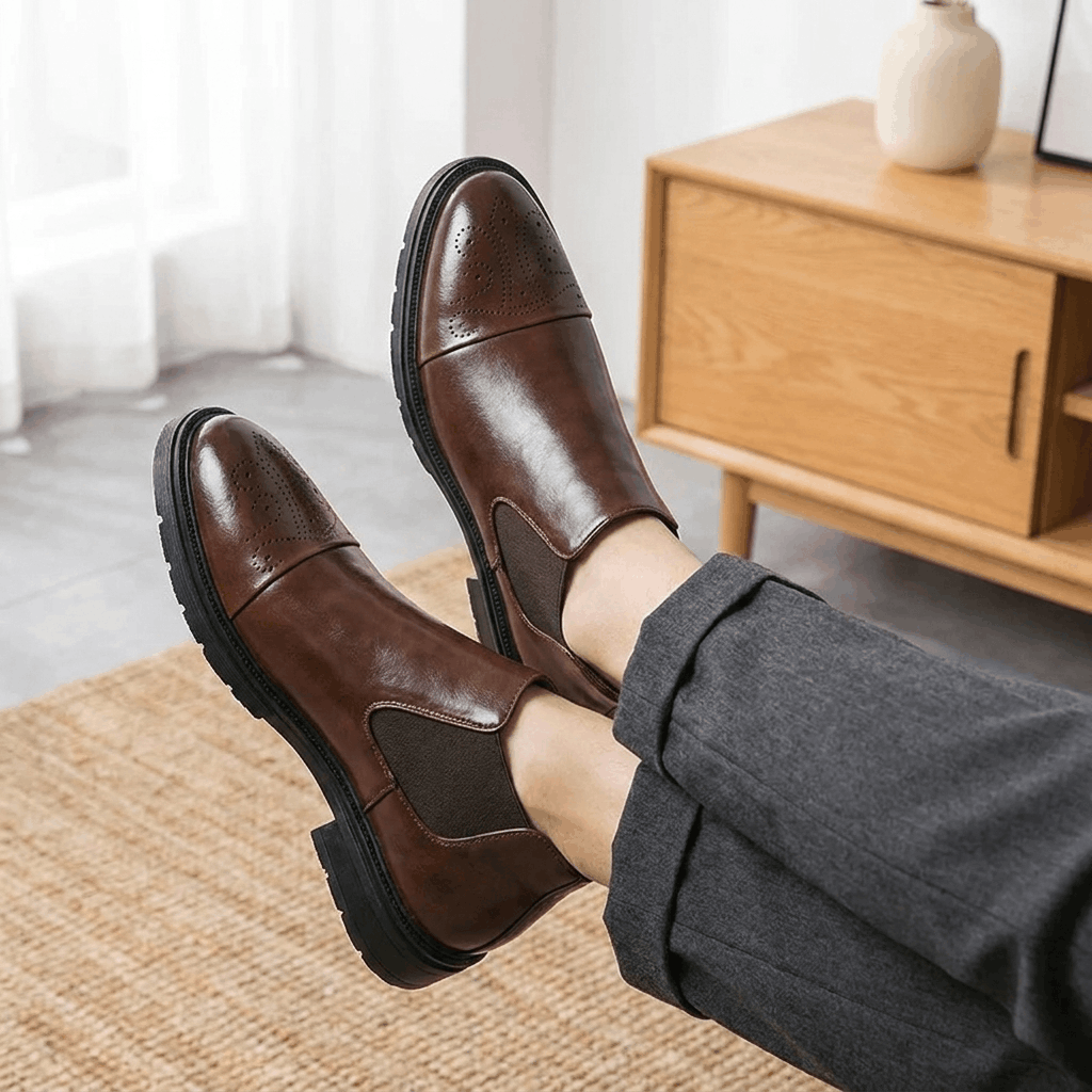 Crimson Genuine Leather Slip-On Dress Shoes – Classic Brogue Formal Footwear