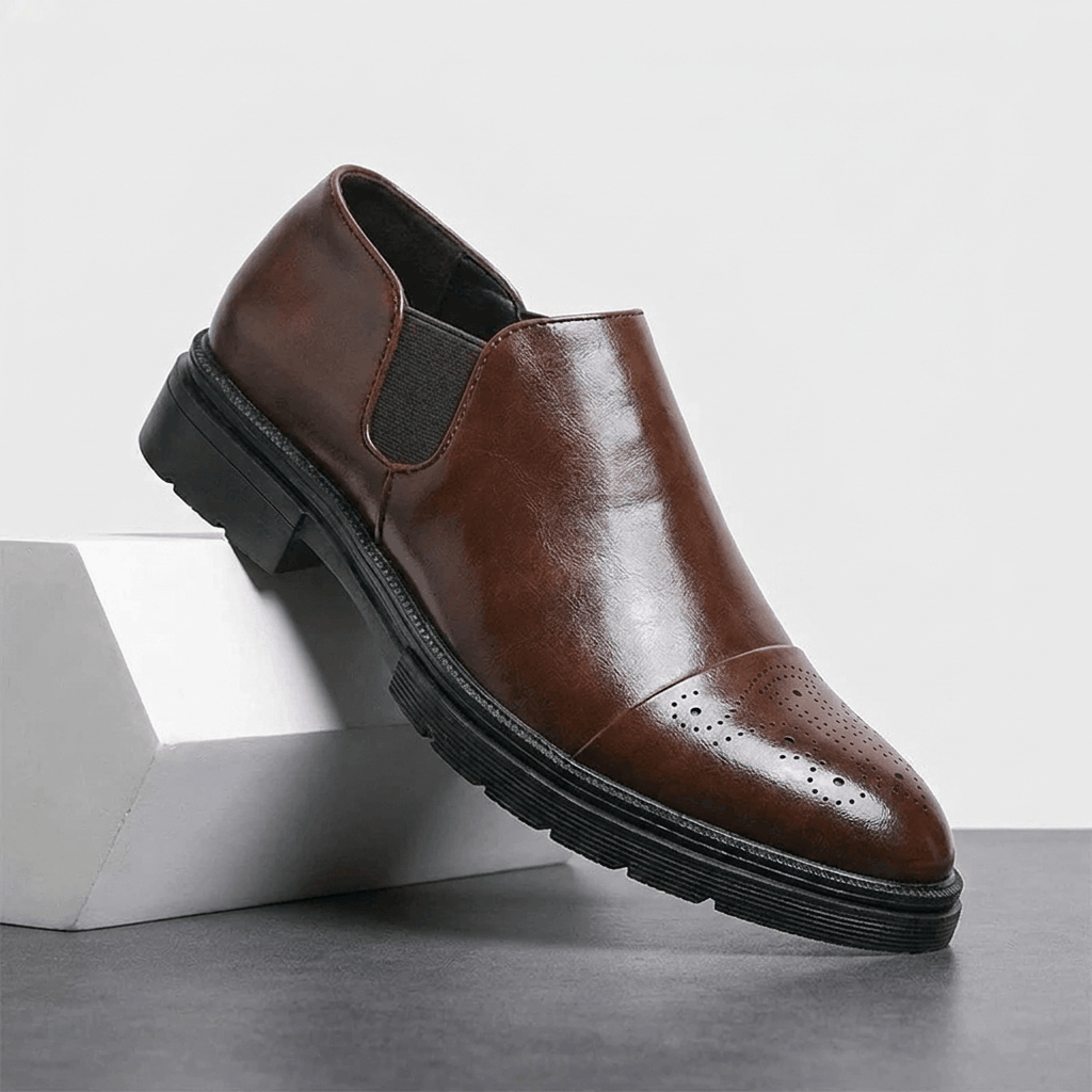 Crimson Genuine Leather Slip-On Dress Shoes – Classic Brogue Formal Footwear