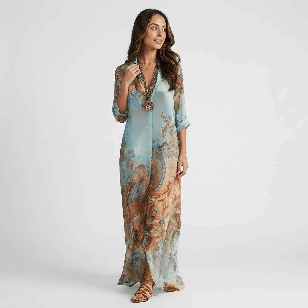 Marina Printed Maxi Shirt Dress – Adjustable Tie Waist Everyday Elegance