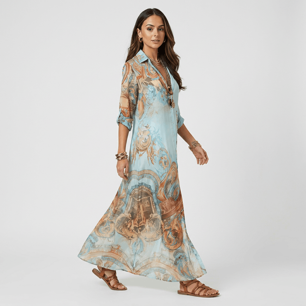 Marina Printed Maxi Shirt Dress – Adjustable Tie Waist Everyday Elegance