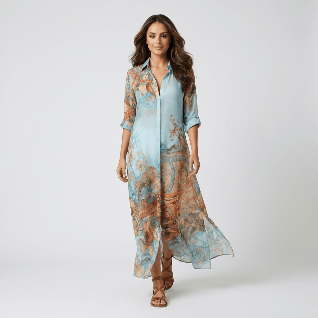 Marina Printed Maxi Shirt Dress – Adjustable Tie Waist Everyday Elegance