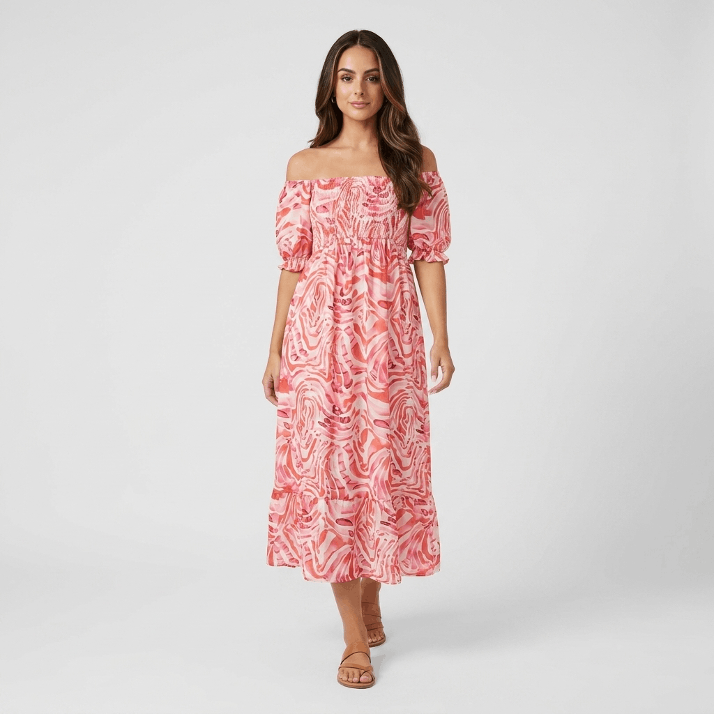 Rosalie Printed Off-Shoulder Midi Dress – Smocked Bohemian Elegance