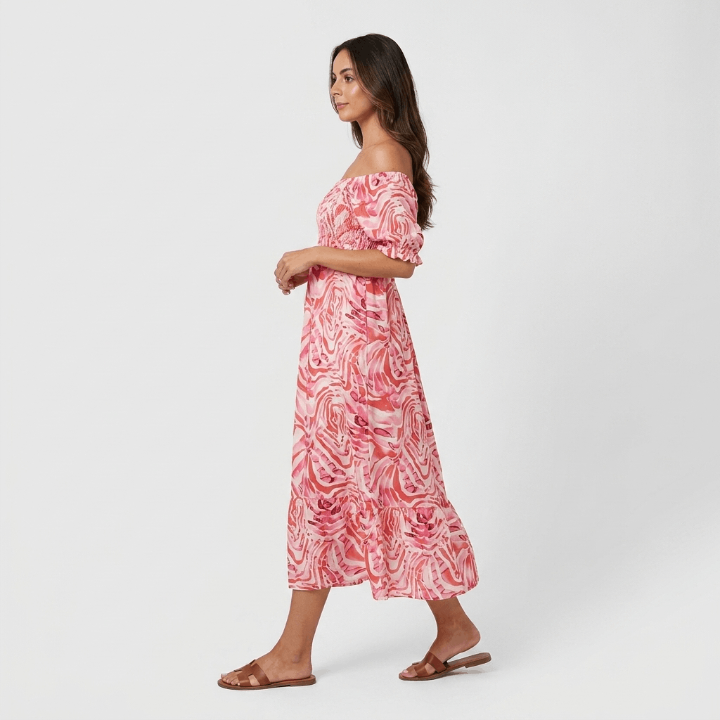 Rosalie Printed Off-Shoulder Midi Dress – Smocked Bohemian Elegance