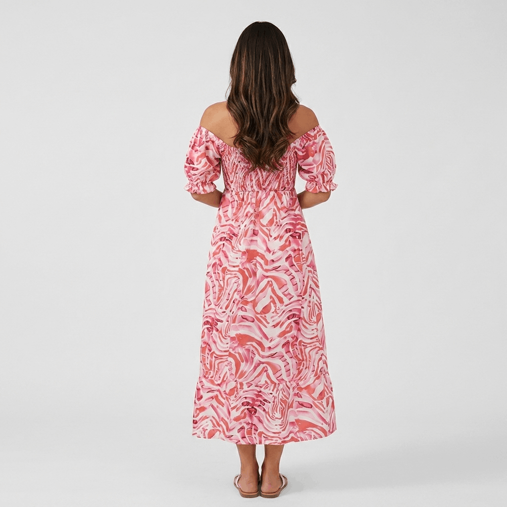 Rosalie Printed Off-Shoulder Midi Dress – Smocked Bohemian Elegance