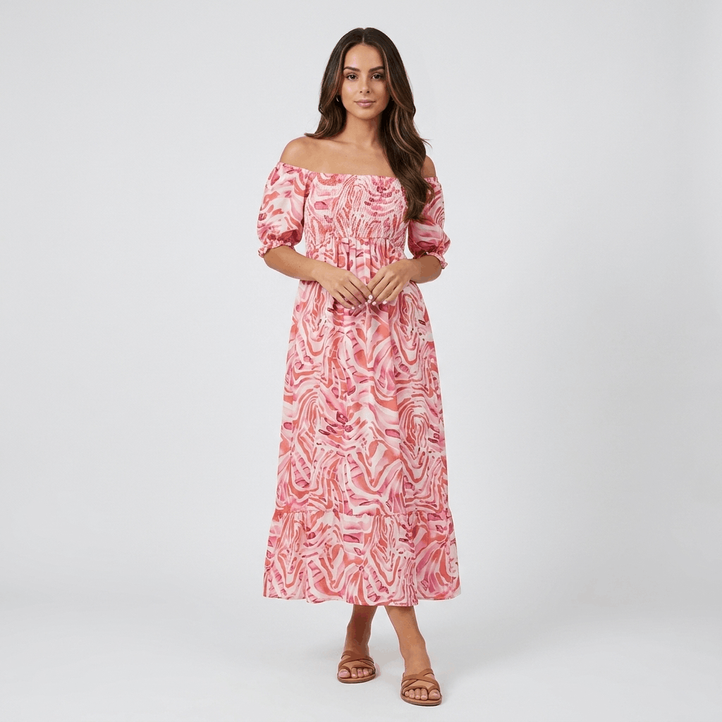 Rosalie Printed Off-Shoulder Midi Dress – Smocked Bohemian Elegance