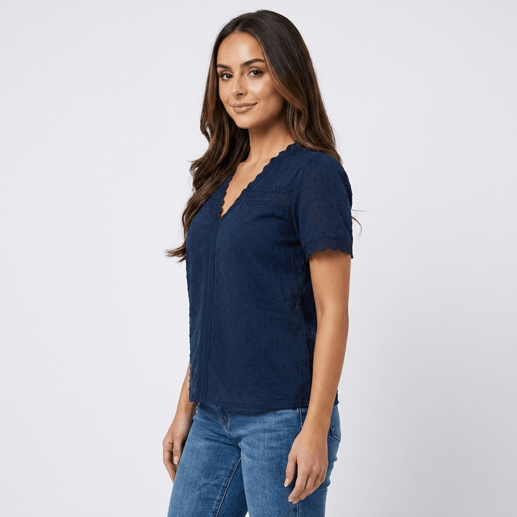 Vivienne Lace Trim V-Neck Blouse – Elegant Everyday Essential