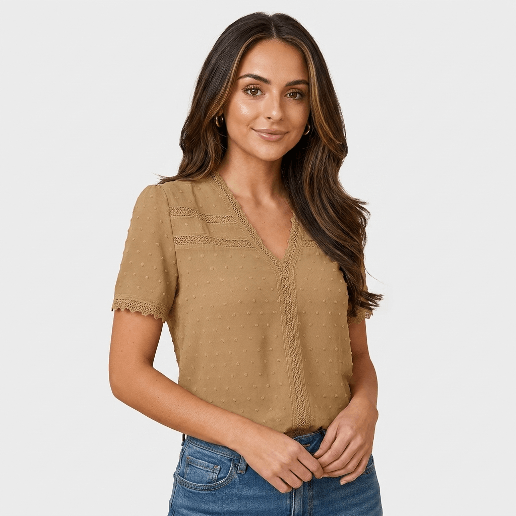 Vivienne Lace Trim V-Neck Blouse – Elegant Everyday Essential