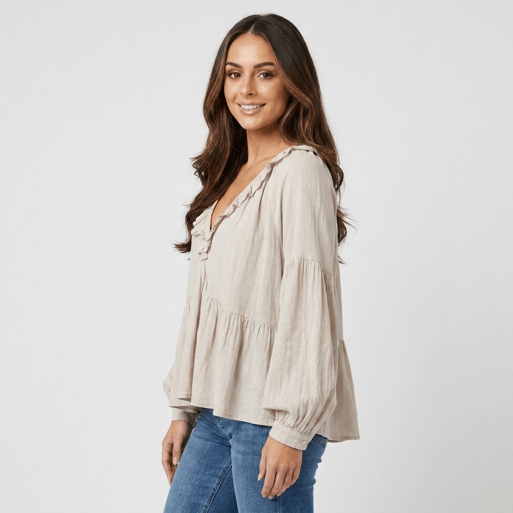 Sabrina Ruffle V-Neck Bohemian Blouse – Relaxed Vintage Elegance
