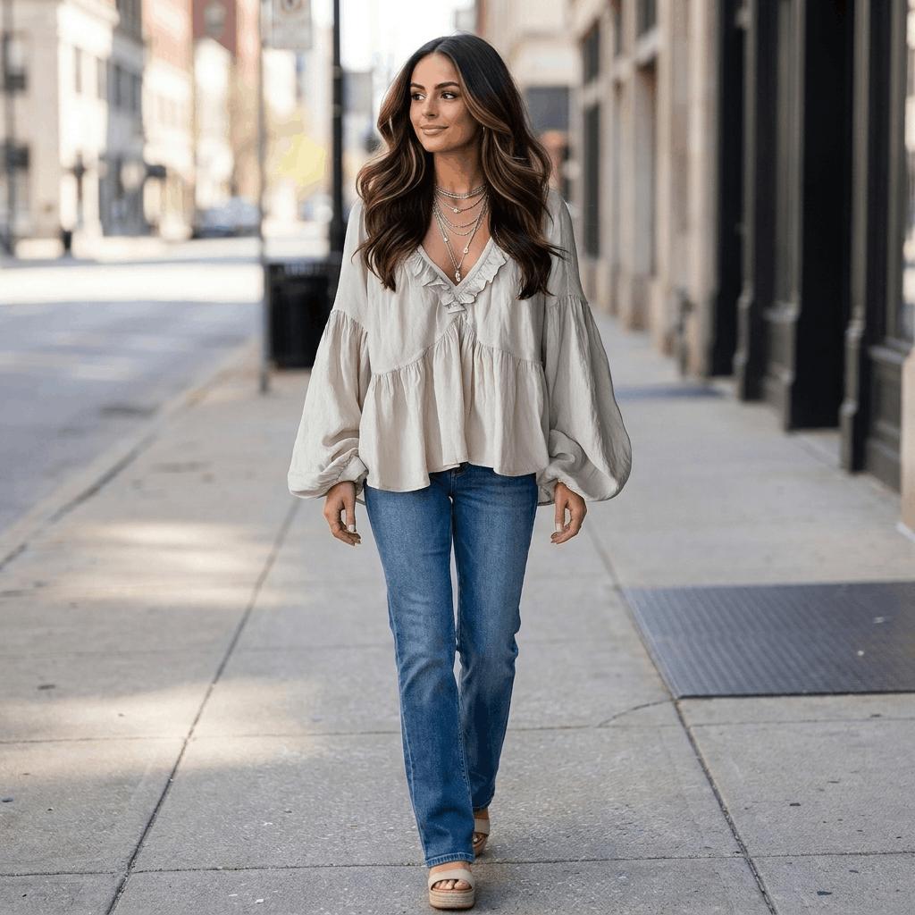 Sabrina Ruffle V-Neck Bohemian Blouse – Relaxed Vintage Elegance