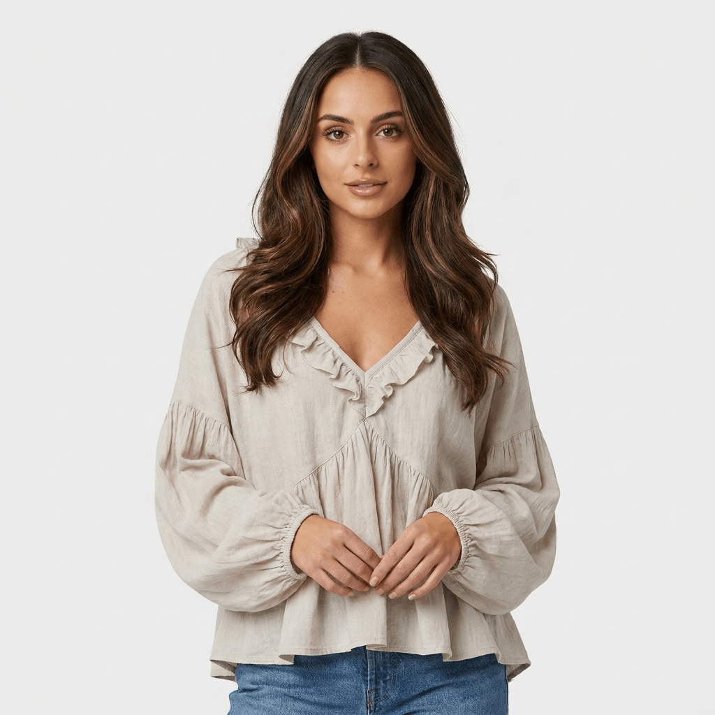 Sabrina Ruffle V-Neck Bohemian Blouse – Relaxed Vintage Elegance