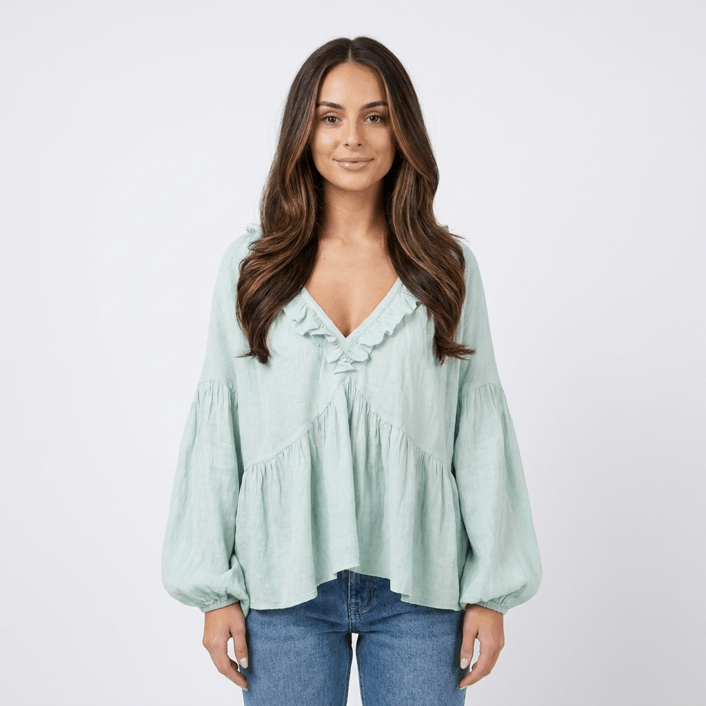 Sabrina Ruffle V-Neck Bohemian Blouse – Relaxed Vintage Elegance