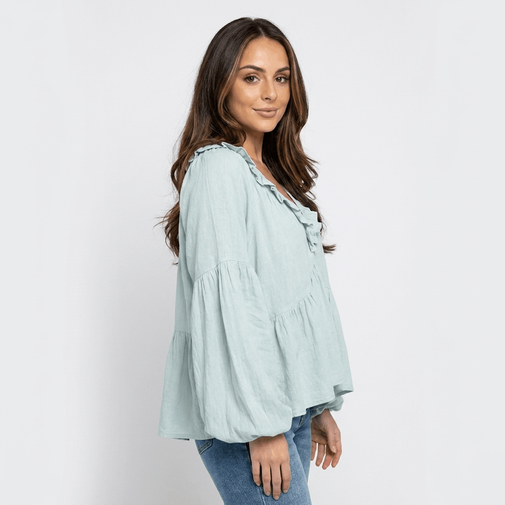 Sabrina Ruffle V-Neck Bohemian Blouse – Relaxed Vintage Elegance