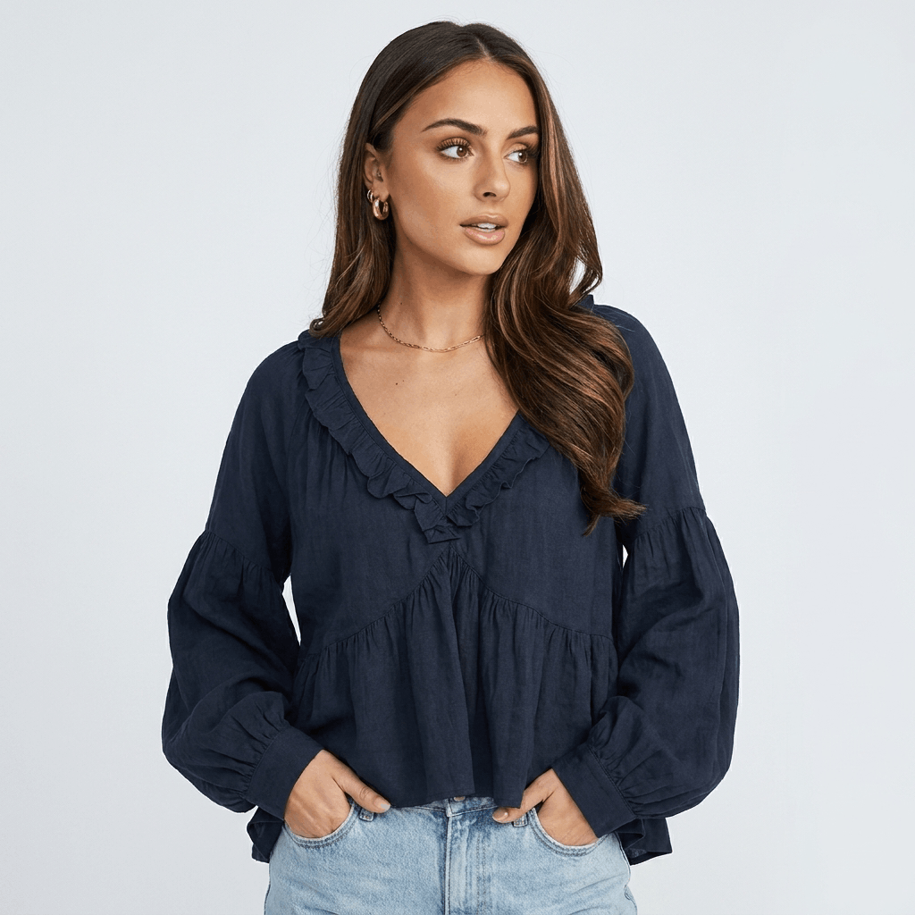 Sabrina Ruffle V-Neck Bohemian Blouse – Relaxed Vintage Elegance