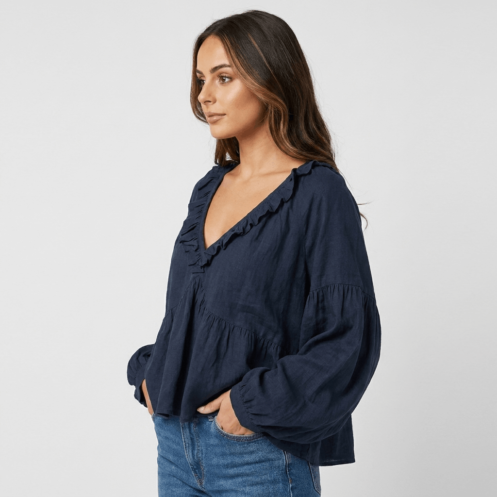 Sabrina Ruffle V-Neck Bohemian Blouse – Relaxed Vintage Elegance
