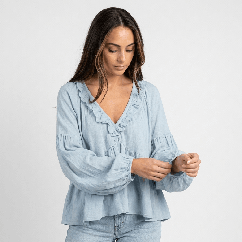 Sabrina Ruffle V-Neck Bohemian Blouse – Relaxed Vintage Elegance