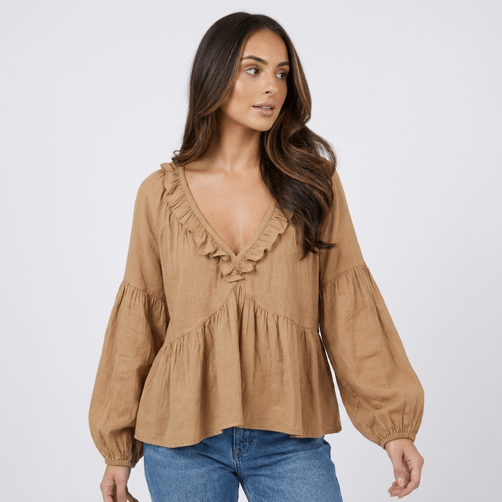 Sabrina Ruffle V-Neck Bohemian Blouse – Relaxed Vintage Elegance