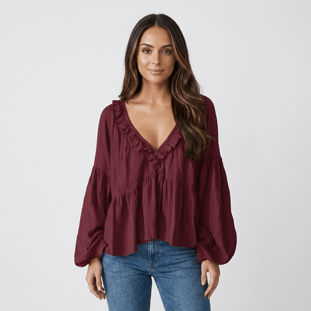 Sabrina Ruffle V-Neck Bohemian Blouse – Relaxed Vintage Elegance