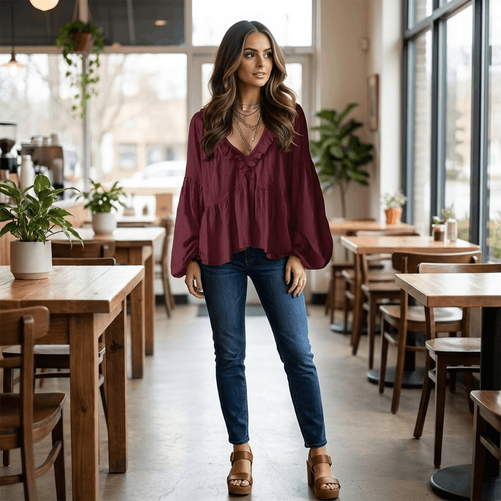 Sabrina Ruffle V-Neck Bohemian Blouse – Relaxed Vintage Elegance