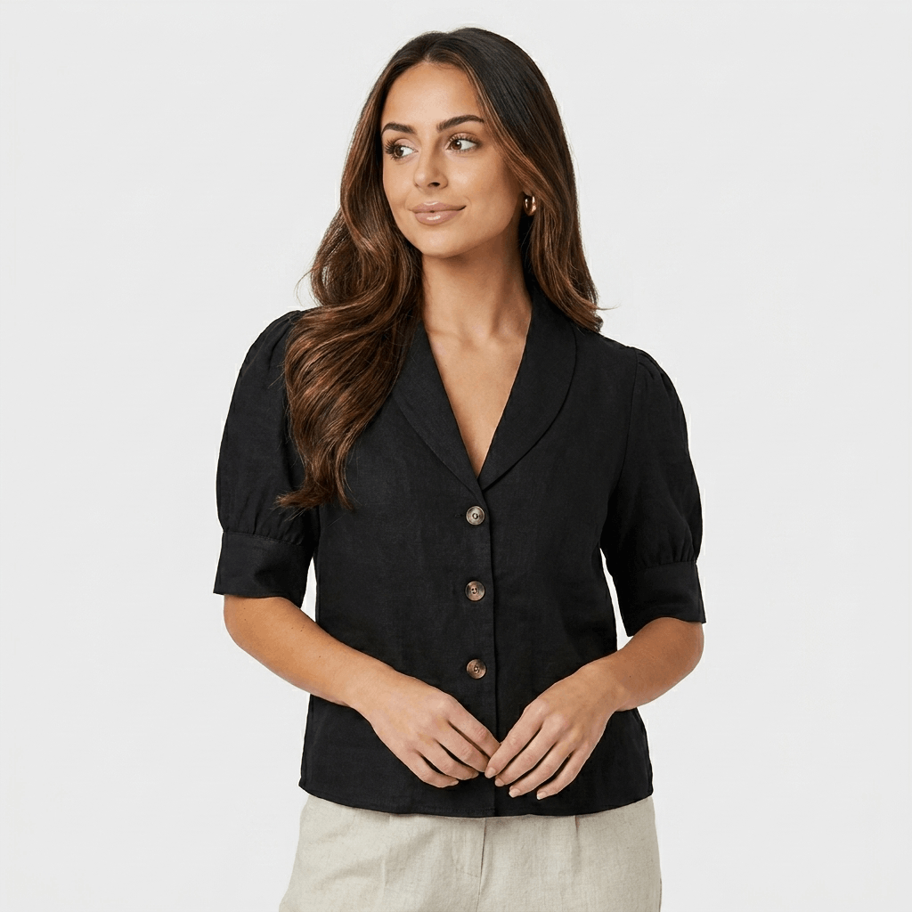 Camille Linen Blend Button Up Blouse – Relaxed Elegant Summer Top