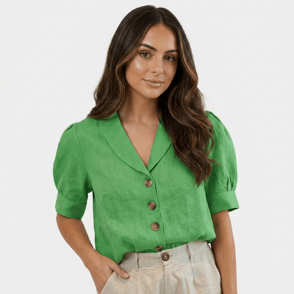 Camille Linen Blend Button Up Blouse – Relaxed Elegant Summer Top