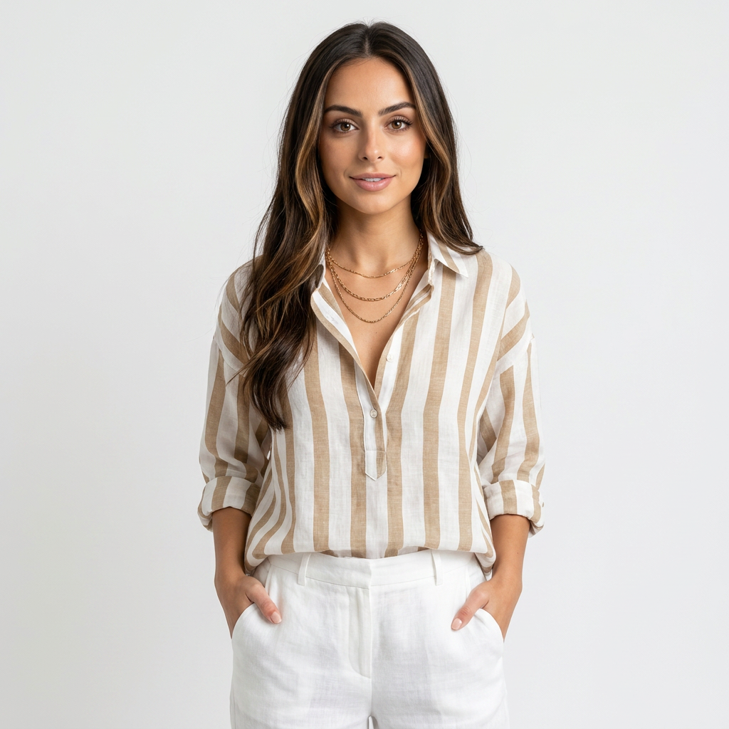 Sienna Striped Linen Henley Shirt – Relaxed Oversized Blouse
