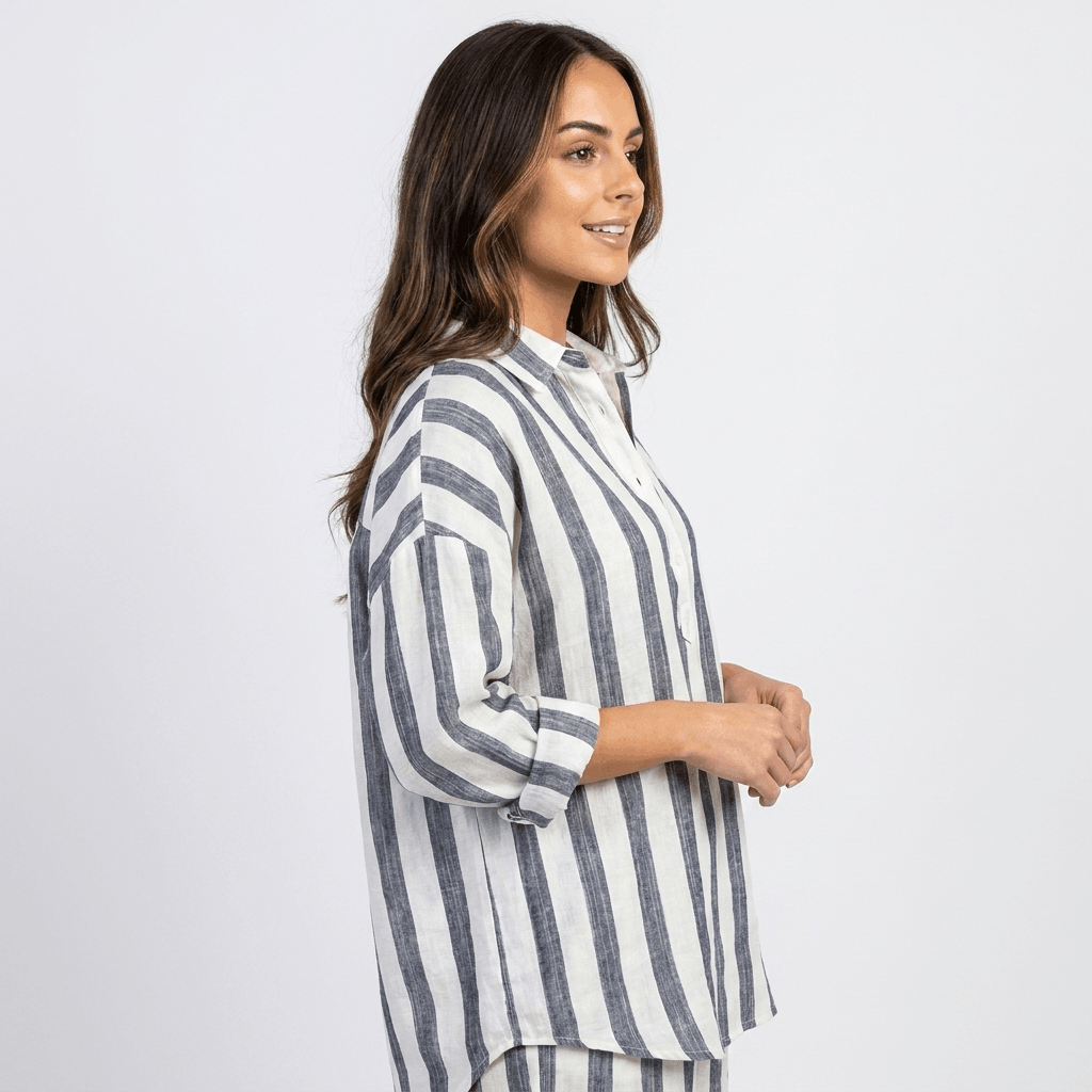 Sienna Striped Linen Henley Shirt – Relaxed Oversized Blouse