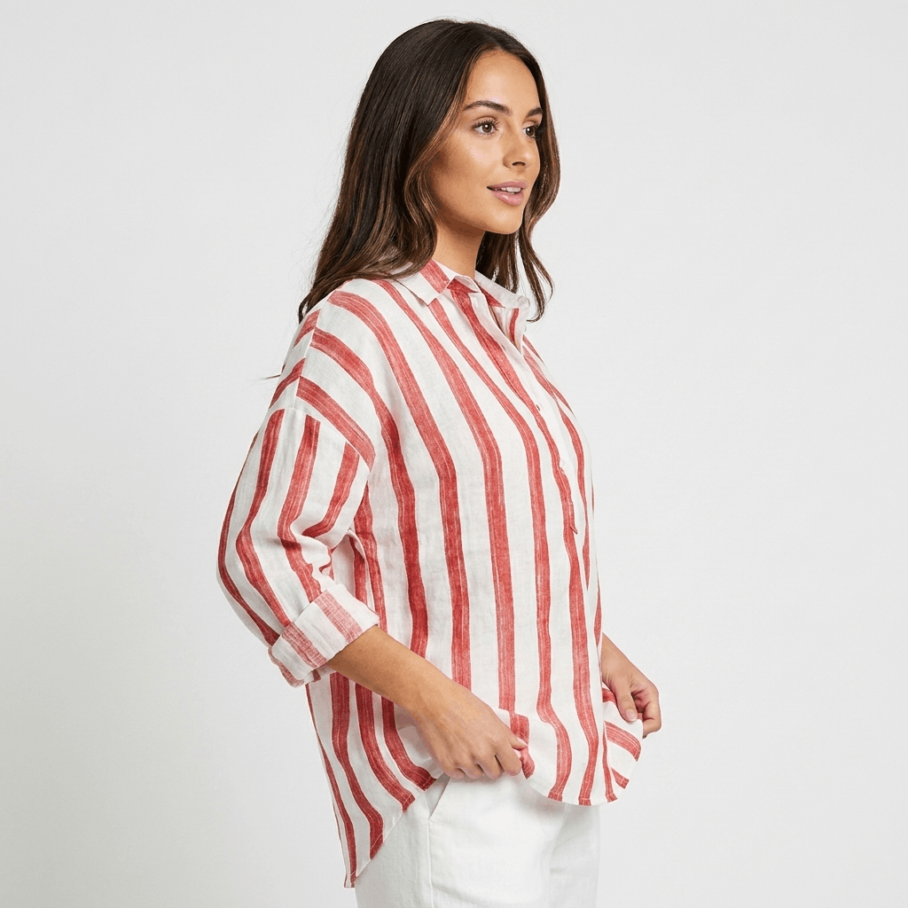 Sienna Striped Linen Henley Shirt – Relaxed Oversized Blouse