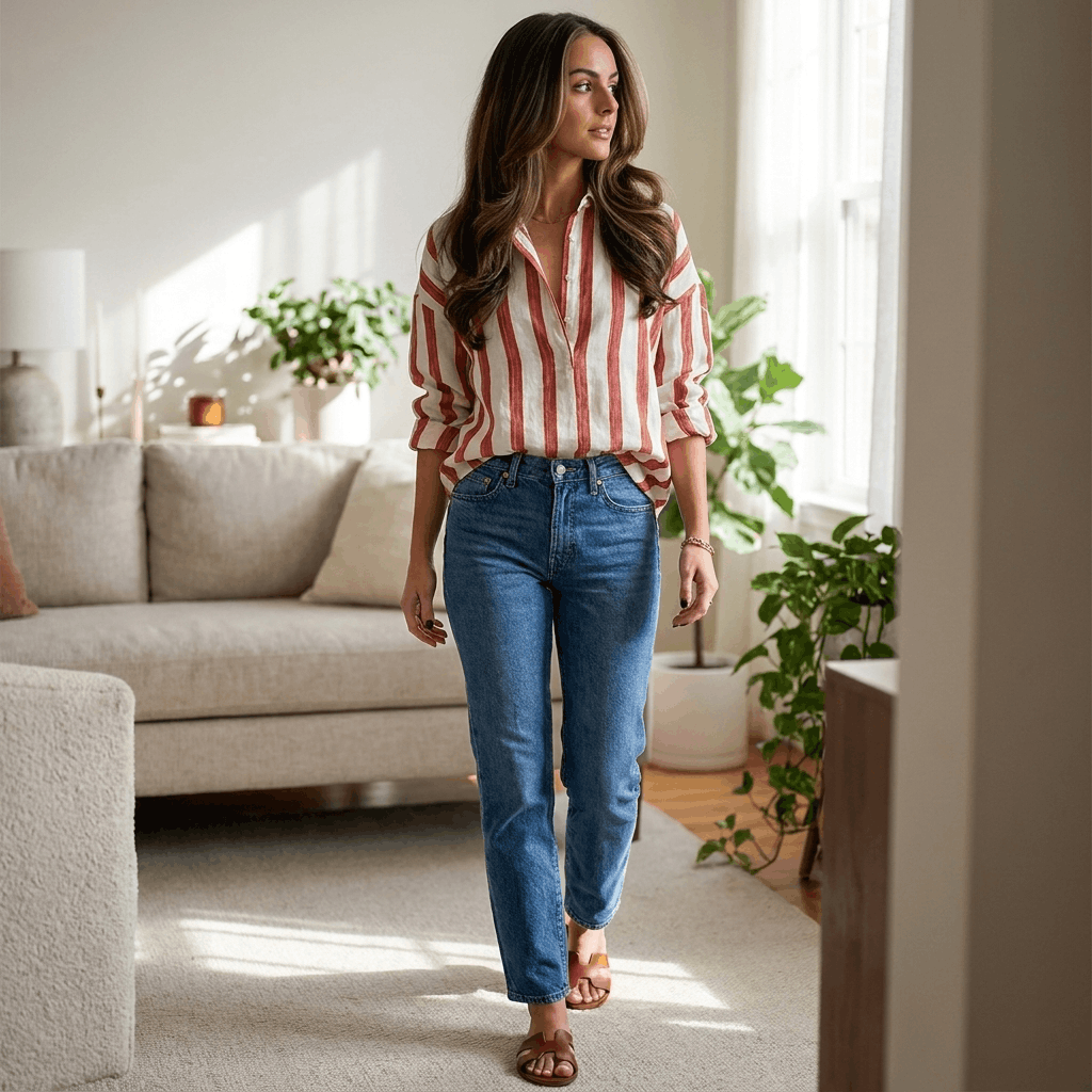 Sienna Striped Linen Henley Shirt – Relaxed Oversized Blouse