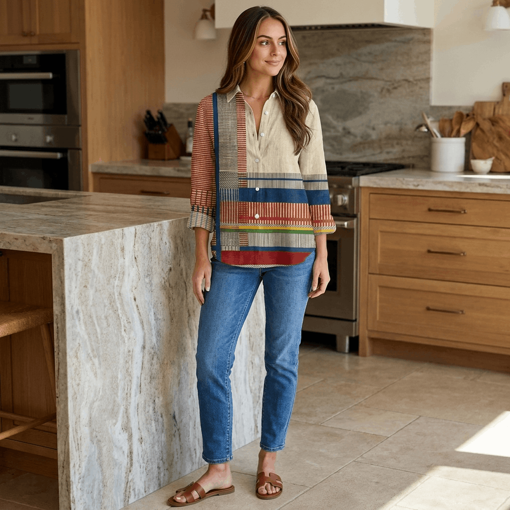 Marina Artistic Patchwork Blouse – Relaxed Button-Up Shirt